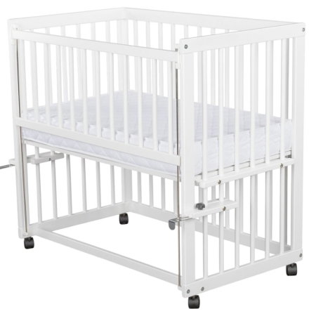 Patut co-sleeper, Qmini, Dalia, Multifunctional, 90x50 cm, Din lemn de pin, Reglabil pe orice treapta de inaltime la patul parintilor, Sistem de ancorare si roti cu frana incluse, Alb + Saltea 8 cm [6]