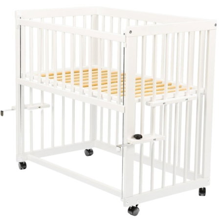 Patut co-sleeper, Qmini, Dalia, Multifunctional, 90x50 cm, Din lemn de pin, Reglabil pe orice treapta de inaltime la patul parintilor, Sistem de ancorare si roti cu frana incluse, Alb + Saltea 8 cm [9]