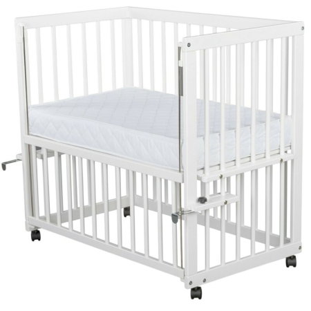 Patut co-sleeper, Qmini, Dalia, Multifunctional, 90x50 cm, Din lemn de pin, Reglabil pe orice treapta de inaltime la patul parintilor, Sistem de ancorare si roti cu frana incluse, Alb + Saltea 8 cm [5]