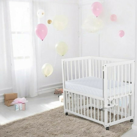 Patut co-sleeper, Qmini, Dalia, Multifunctional, 90x50 cm, Din lemn de pin, Reglabil pe orice treapta de inaltime la patul parintilor, Sistem de ancorare si roti cu frana incluse, Alb + Saltea 8 cm [3]