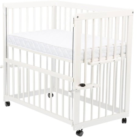 Patut co-sleeper, Qmini, Dalia, Multifunctional, 90x50 cm, Din lemn de pin, Reglabil pe orice treapta de inaltime la patul parintilor, Sistem de ancorare si roti cu frana incluse, Alb + Saltea 8 cm [7]
