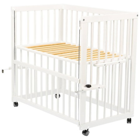 Patut co-sleeper, Qmini, Dalia, Multifunctional, 90x50 cm, Din lemn de pin, Reglabil pe orice treapta de inaltime la patul parintilor, Sistem de ancorare si roti cu frana incluse, Alb + Saltea 8 cm [8]