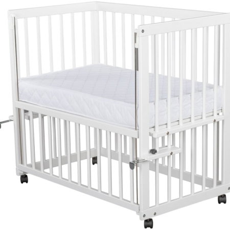 Patut co-sleeper, Qmini, Dalia, Multifunctional, 90x50 cm, Din lemn de pin, Reglabil pe orice treapta de inaltime la patul parintilor, Sistem de ancorare si roti cu frana incluse, Alb + Saltea 8 cm [4]