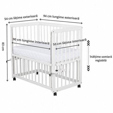 Patut co-sleeper, Qmini, Dalia, Multifunctional, 90x50 cm, Din lemn de pin, Reglabil pe orice treapta de inaltime la patul parintilor, Sistem de ancorare si roti cu frana incluse, Alb + Saltea 8 cm [10]