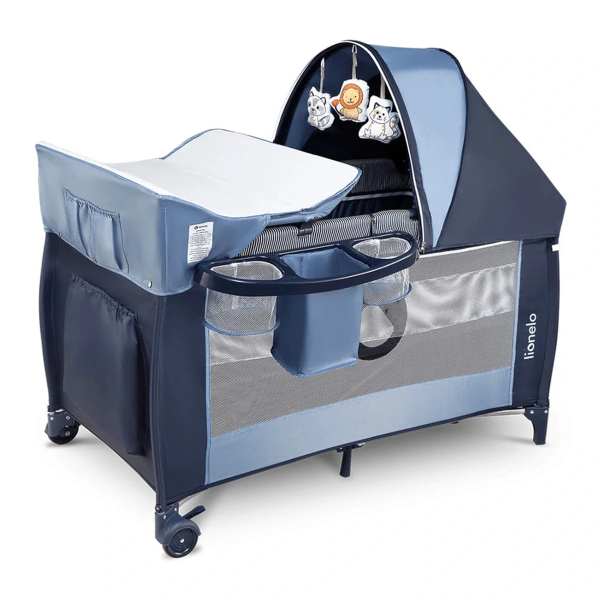 Patut pliant, Lionelo, Sven Plus, 120x60 cm, doua nivele, arcada jucarii, masuta de infasat, Blue Navy 36 luni