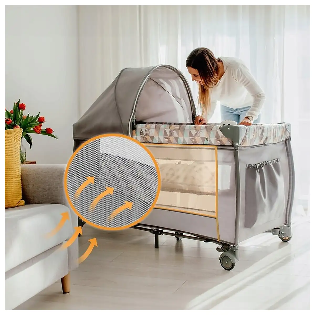 Patut pliant, Lionelo, Sven Plus, 120x60 cm, doua nivele, arcada jucarii, masuta de infasat, Grey Scandi 36 luni [24]