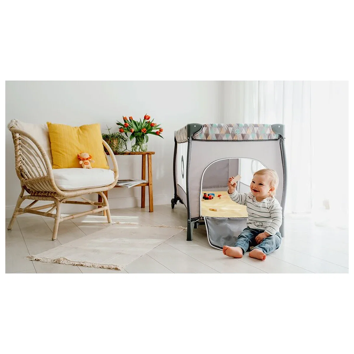 Patut pliant, Lionelo, Sven Plus, 120x60 cm, doua nivele, arcada jucarii, masuta de infasat, Grey Scandi 36 luni [26]