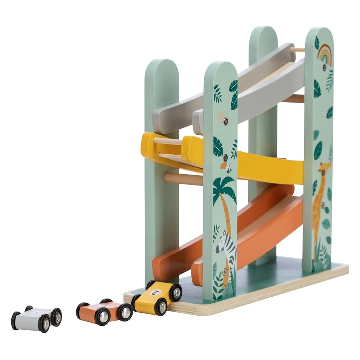 Masinute si camioane - Pista de masini, Din lemn, Cu 3 masinute incluse, 26.9 x 23.6 x 7 cm Free2Play 18 luni