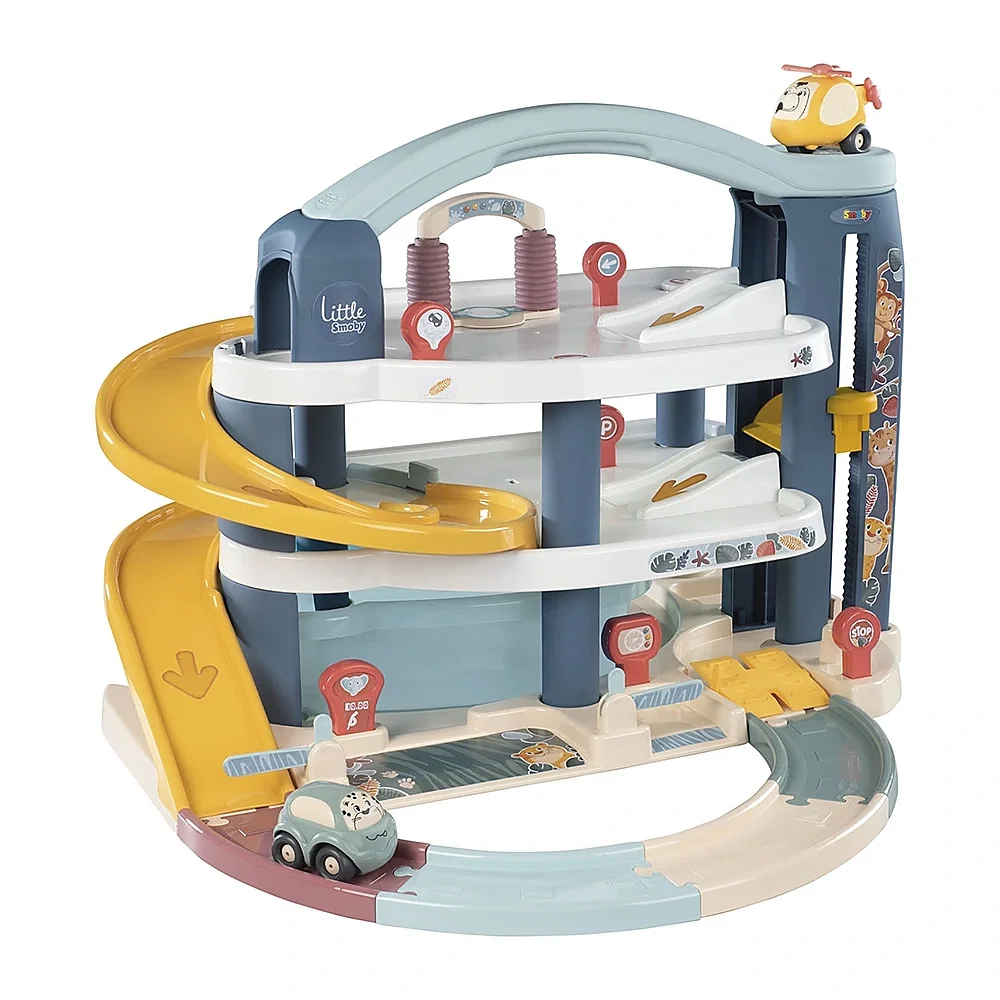 Masinute si camioane - Pista de masini Smoby Big Garage cu masinuta si elicopter 5 ani +