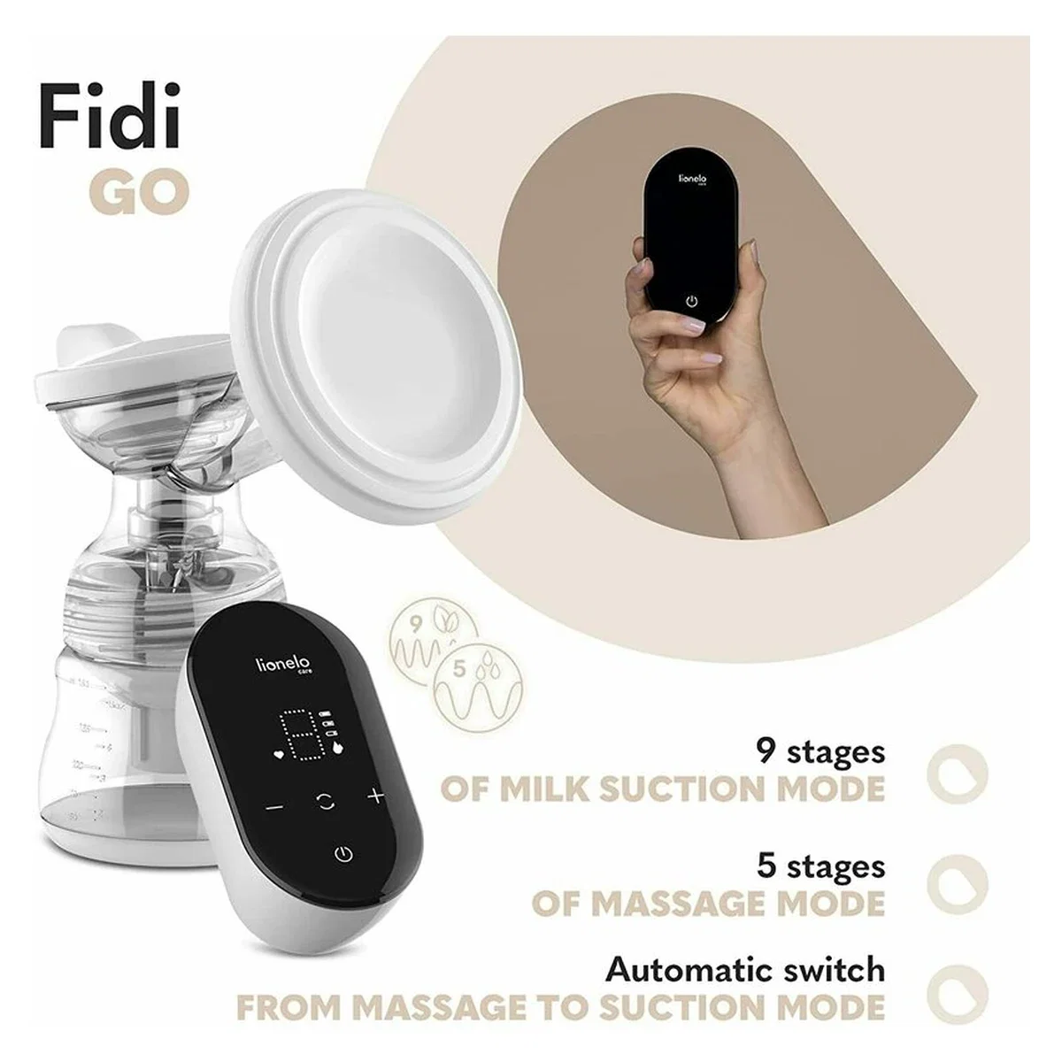 Pompa de san, Lionelo, Fidi Go, Functie de masaj, Autonomie pana la 90 min, Afisaj LED, Cu accesorii, Gri Pal 2 ani [6]