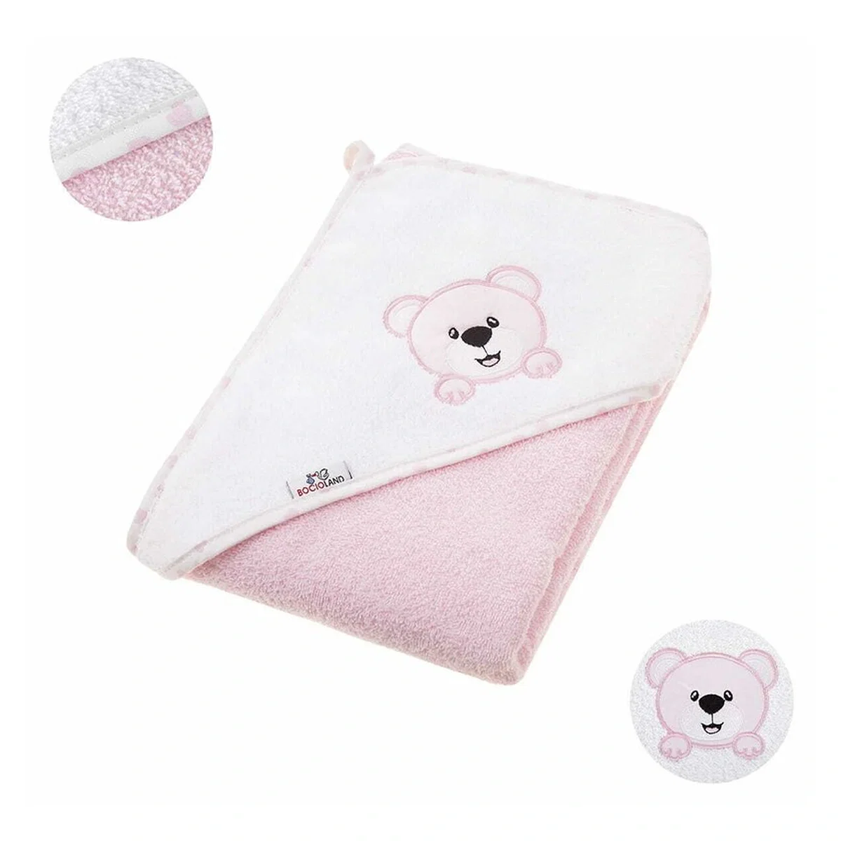 Baita celor mici - Prosop de baie, Bocioland, Cu gluga, 100% bumbac, 80x80 cm, Teddy Bear, Pink