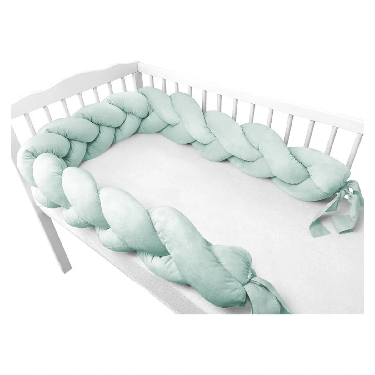 Protectie laterala, MimiNu, Pentru patut, Tip Bumper impletit, Din catifea, 220x23 cm, Cold Mint [2]