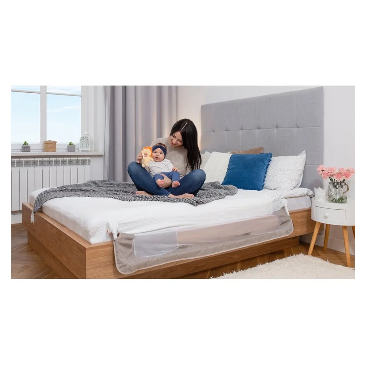 Protectie laterala pat, Lionelo, Eva, Cu buzunar accesorii, 150x35 cm, Bej [10]