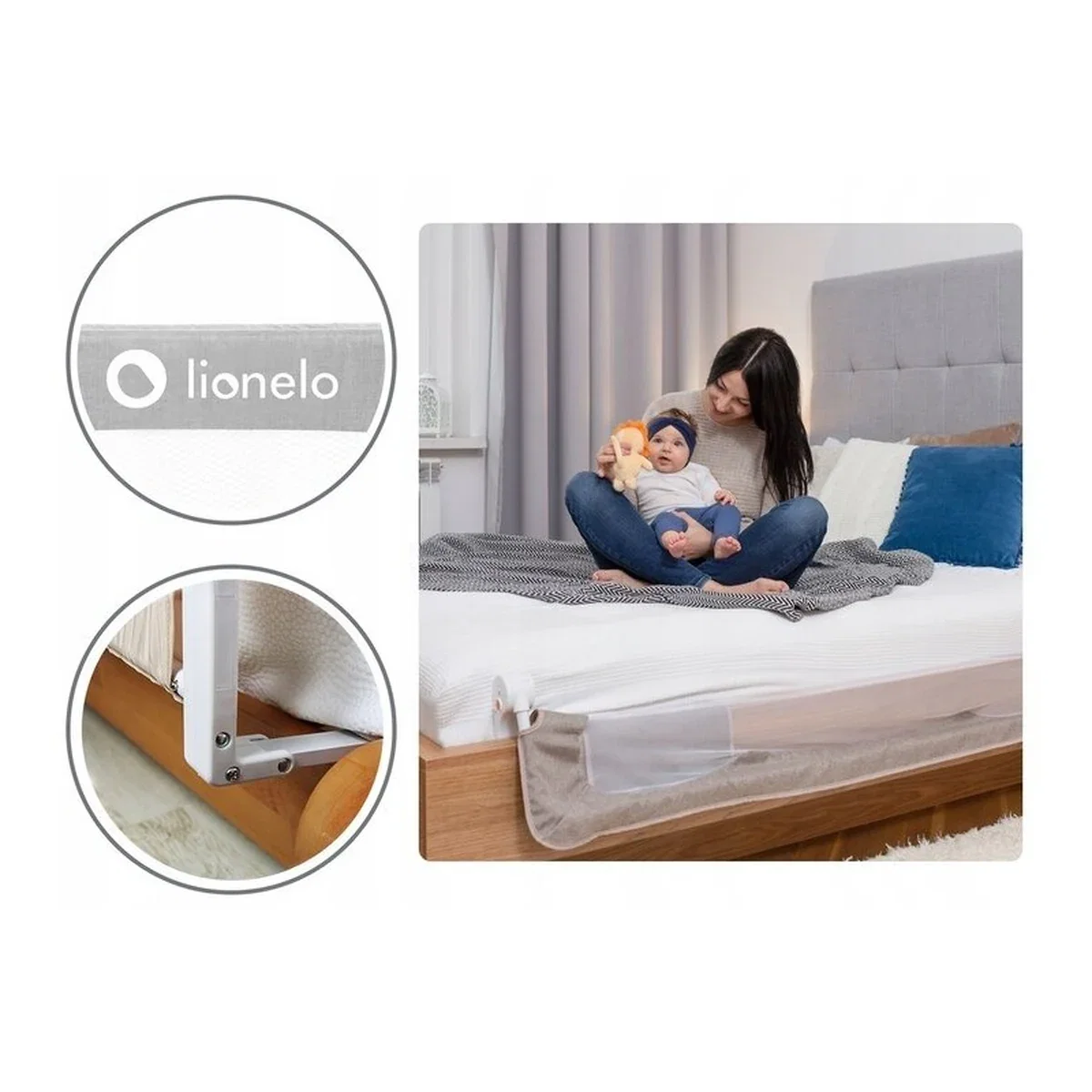 Protectie laterala pat, Lionelo, Eva, Cu buzunar accesorii, 150x35 cm, Bej [17]