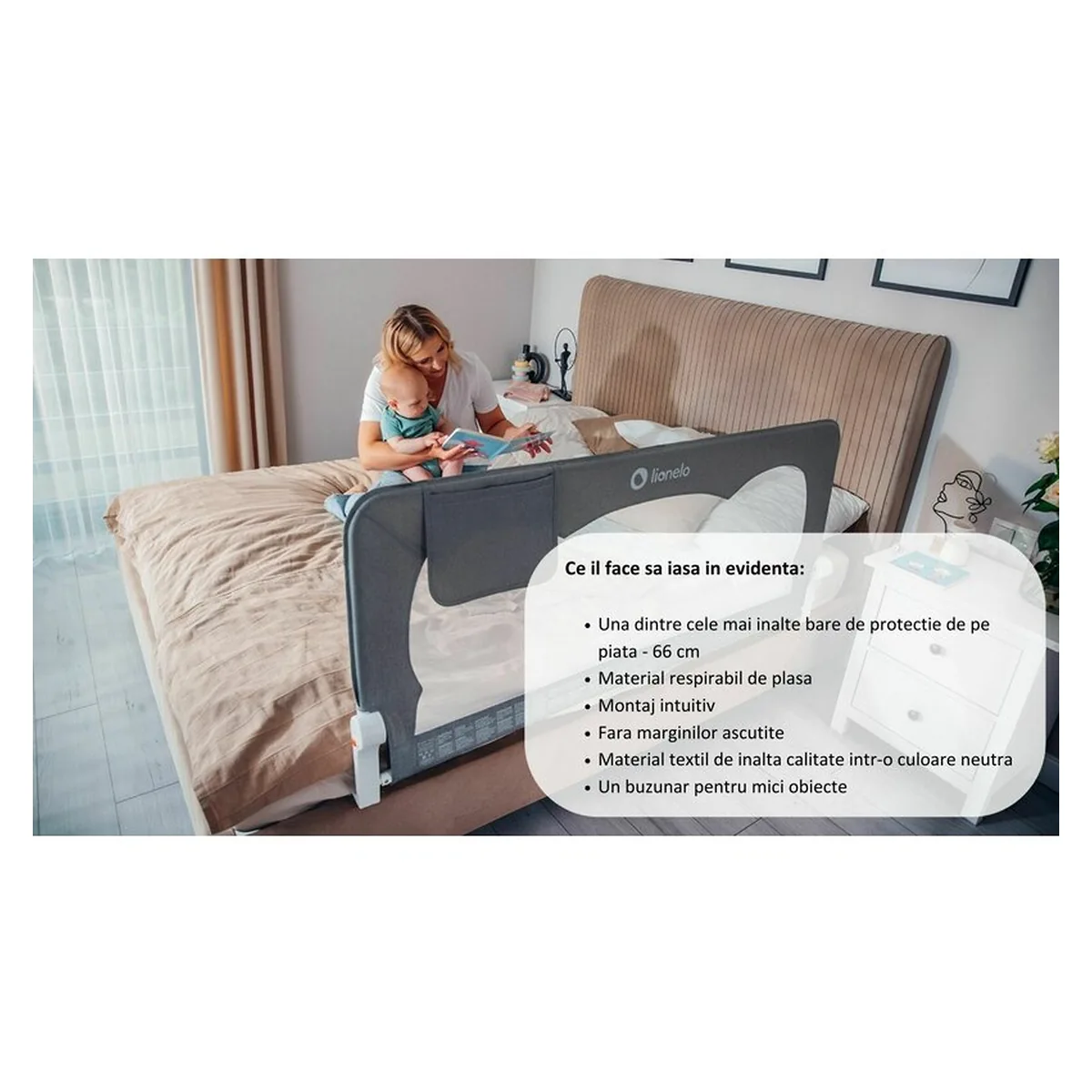 Protectie laterala pat, Lionelo, Hanna, Cu buzunar accesorii, 150x66 cm, Bej 18 luni+ [12]
