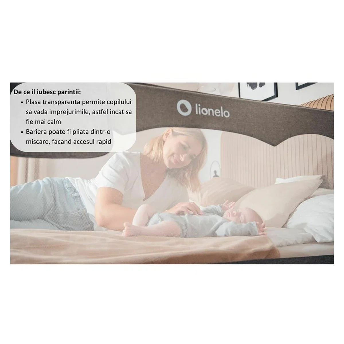 Protectie laterala pat, Lionelo, Hanna, Cu buzunar accesorii, 150x66 cm, Bej 18 luni+ [11]