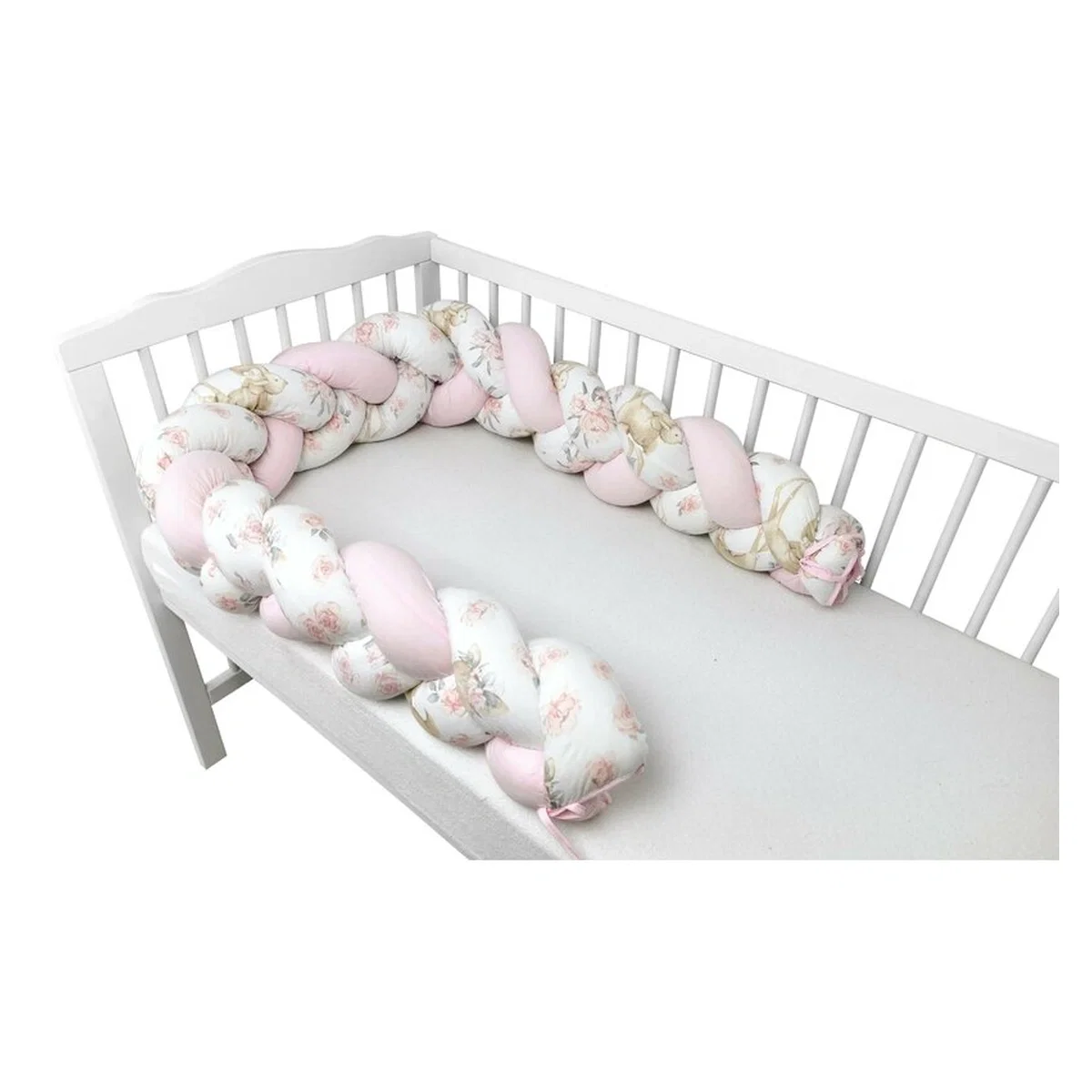 Aparatori patut - Protectie laterala pentru patut bebe, Tip Bumper impletit, Din bumbac, Lungime 220 cm, Sweet Deer Pink MimiNu