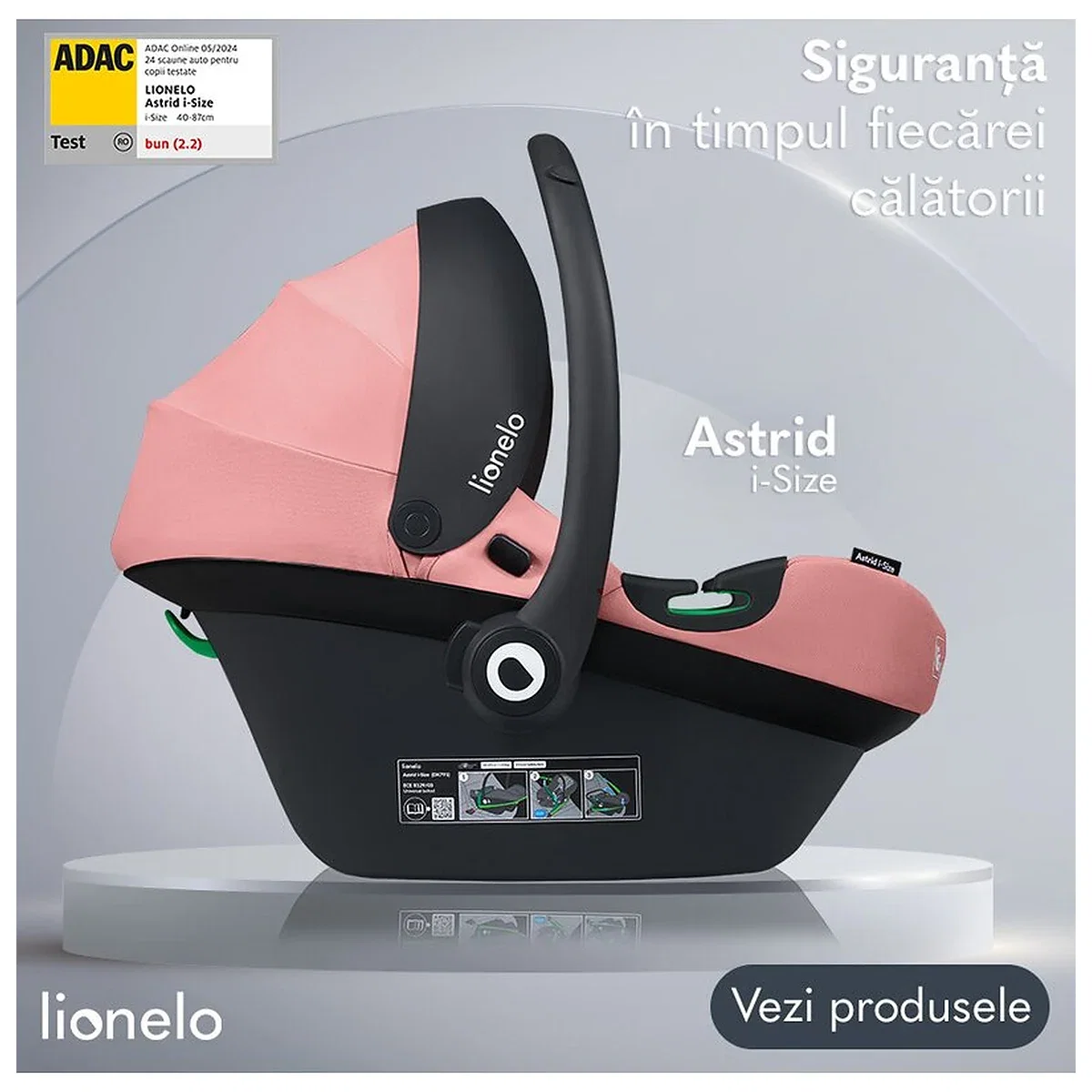 Scoica auto, Lionelo, i-Size Astrid, 0-13 Kg, 40-87 cm, Testat ADAC, Roz [12]