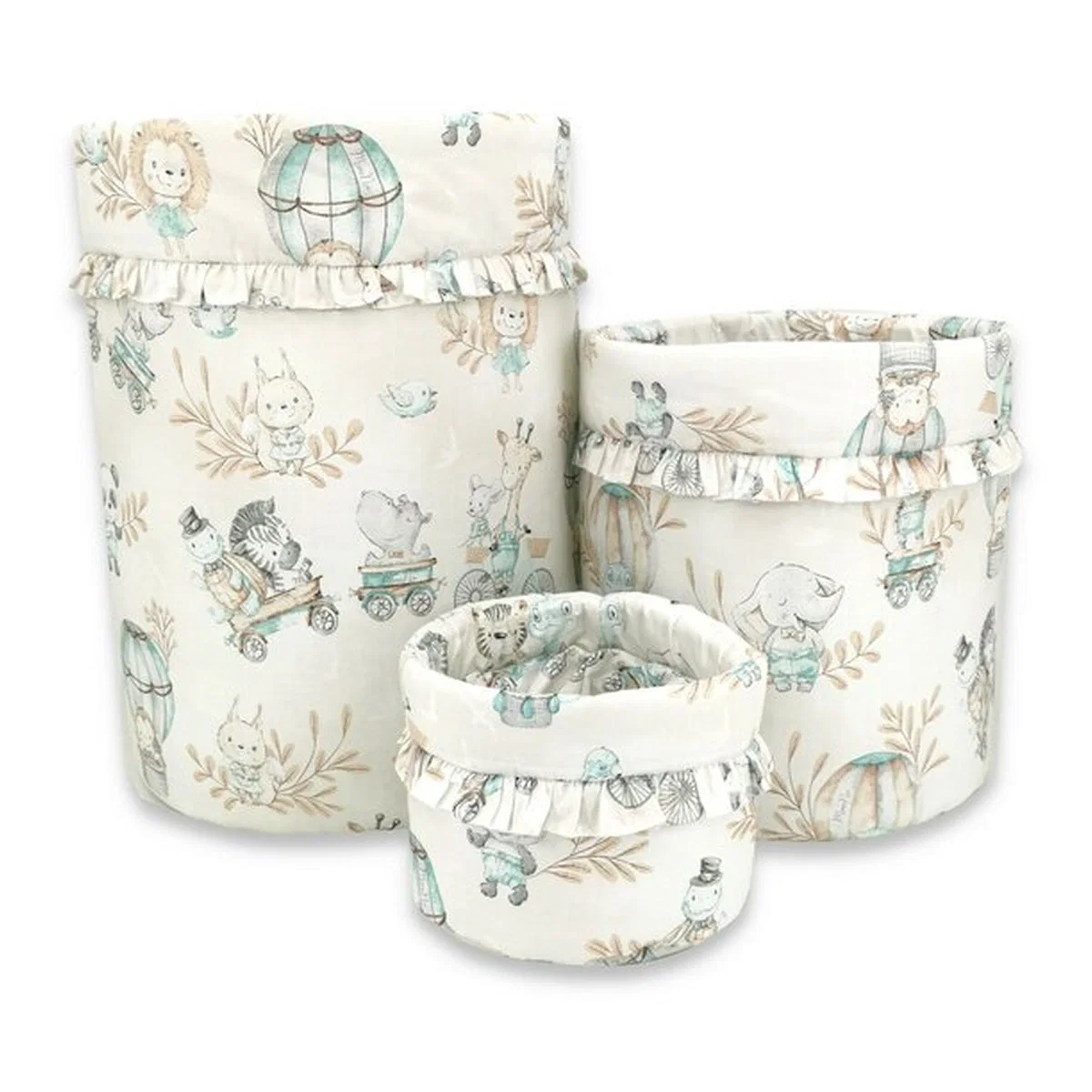 Cosuri pentru depozitare - Set 3 cosuri rotunde, MimiNu, Dimensiuni 50x35 cm, 35x30 cm, 19x23 cm, bumbac, Zoo on Bikes Nugat
