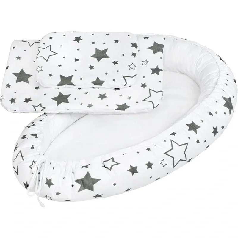 Baby nest - Set 3 piese, New Baby, Baby Nest, Cu paturica si pernuta, Grey stars 3 luni
