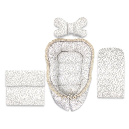Somnul celor mici - Set 4 in 1 Cosulet bebelus, MimiNu, Premium, Baby Cocoon 75x55 cm, Cu volanase si dantela, Din bumbac certificat Oeko