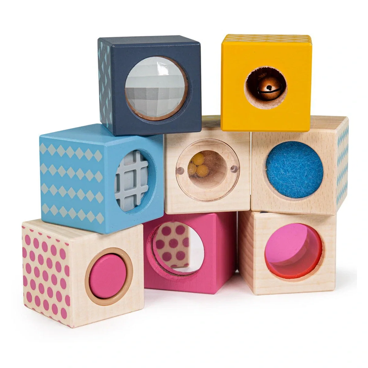 Jucarii interactive - Set 8 cuburi senzoriale din lemn BIGJIGS Toys 3 ani