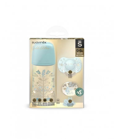 Biberoane - Set biberon 270ml + suzetă 0-6m + lănțișor Albastru Gold Premium Suavinex 6 luni