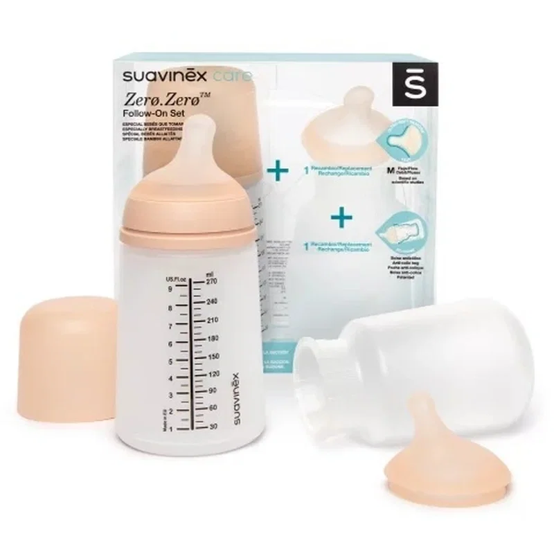 Set biberon anticolici 270 ml + tetină cu debit mediu + săculeț silicon Zero Zero Suavinex 3 luni [1]