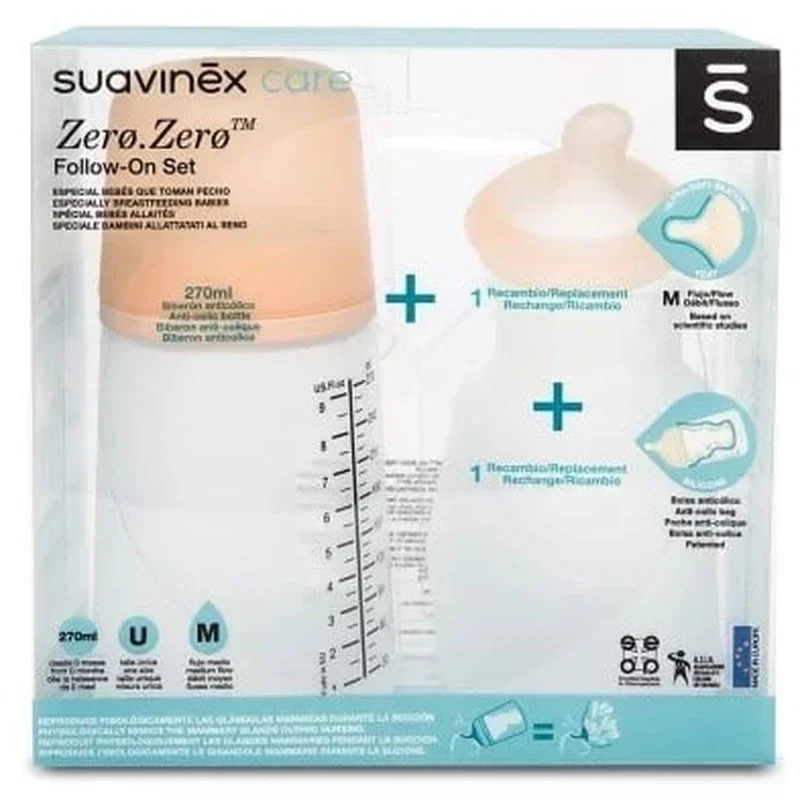 Biberoane - Set biberon anticolici 270 ml + tetină cu debit mediu + săculeț silicon Zero Zero Suavinex 3 luni