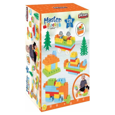 Constructii, cuburi, forme si culori - Set constructie Pilsan Master Blocks 128 piese 1 an +