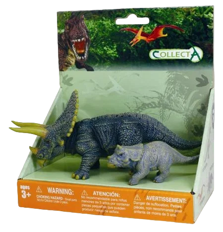 Lumea preistorica - Set de 2 figurine pictate manual Triceratops cu pui Collecta 3 ani +