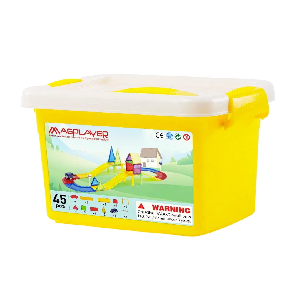 Constructii, cuburi, forme si culori - Set de constructie magnetic 3D - Circuit masinute (45 piese) MAGPLAYER 10 ani