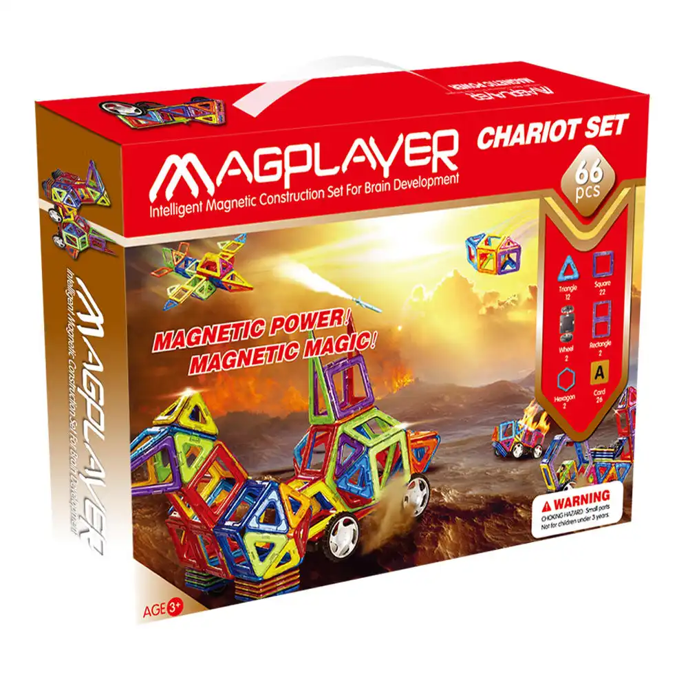 Constructii, cuburi, forme si culori - Set de constructie magnetic - 66 piese MAGPLAYER 10 ani