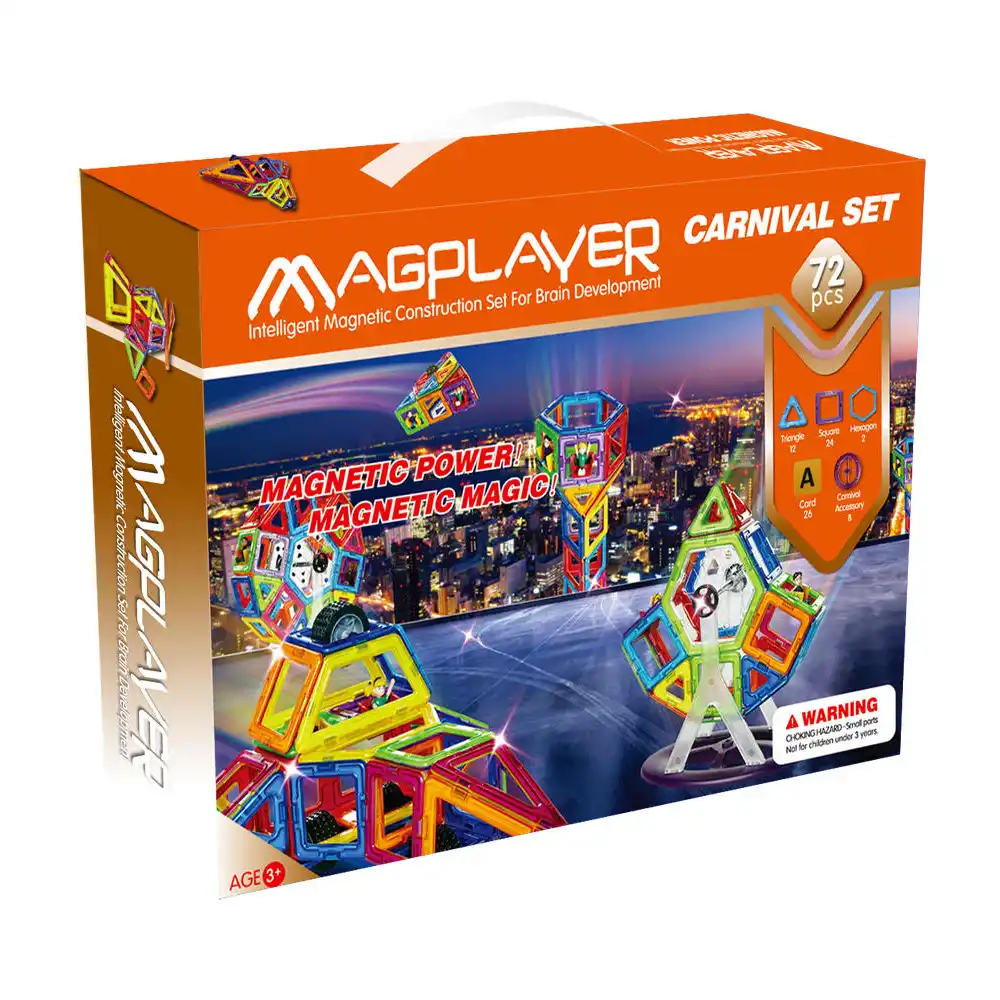 Constructii, cuburi, forme si culori - Set de constructie magnetic - 72 piese MAGPLAYER 10 ani