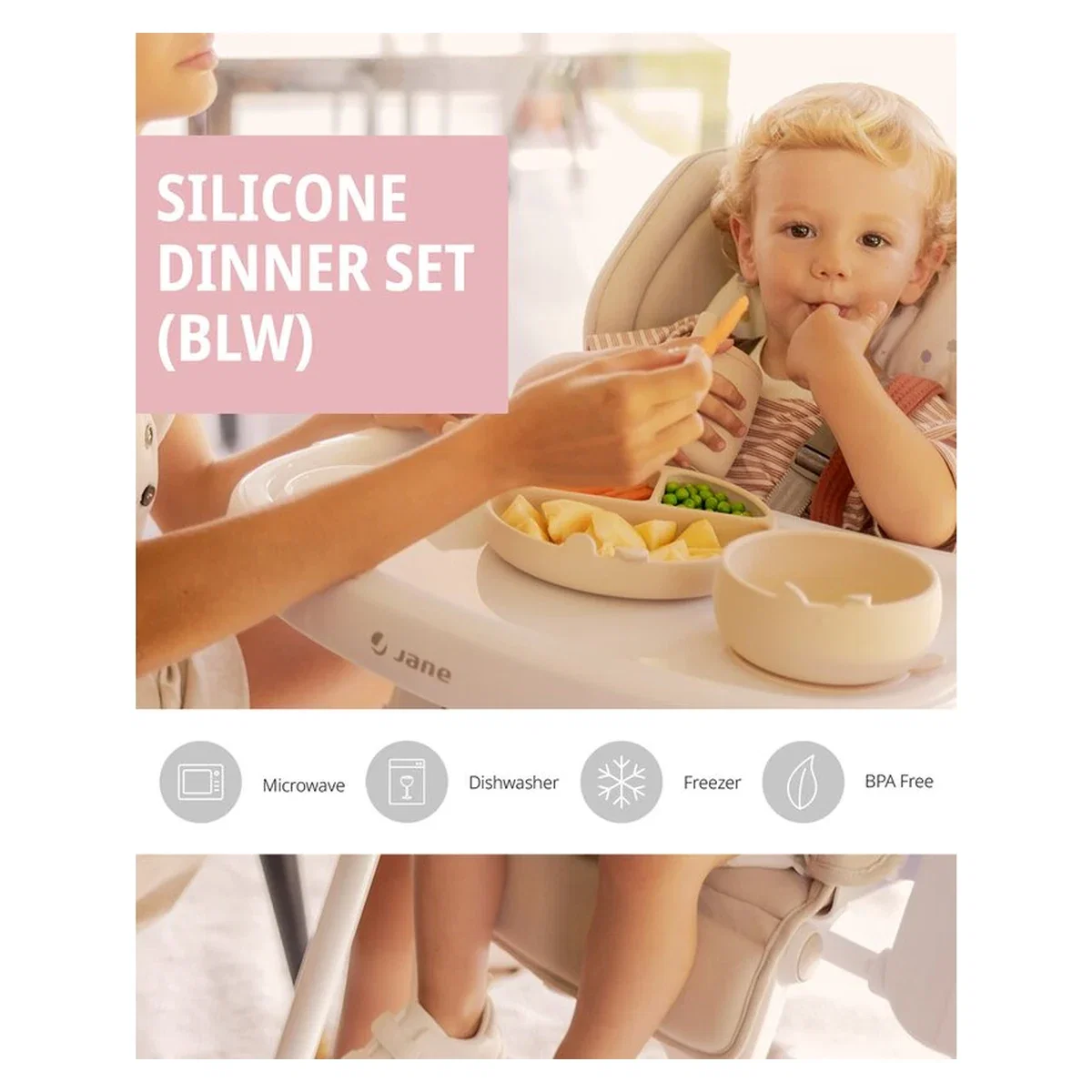Set de masa, Jane, Din silicon, 2 piese, Cu bol si lingurita, BPA Free, Pale 4 luni [6]