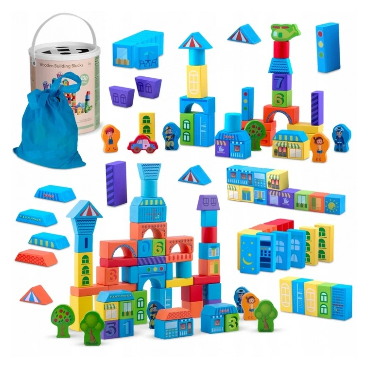 Jucarii din lemn - Set educational cu blocuri din lemn, 100 bucati, Ricokids - Orasel