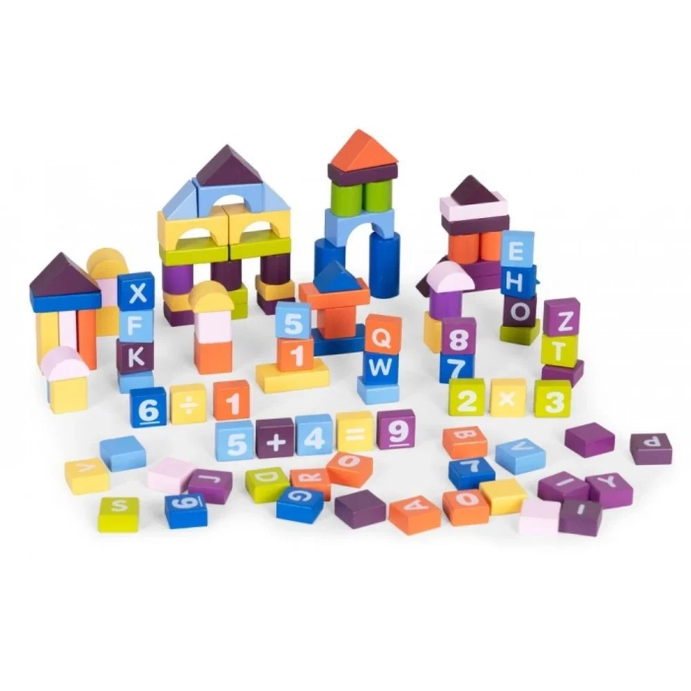 Constructii, cuburi, forme si culori - Set educational cu blocuri din lemn, 108 piese, Ecotoys 3 ani+