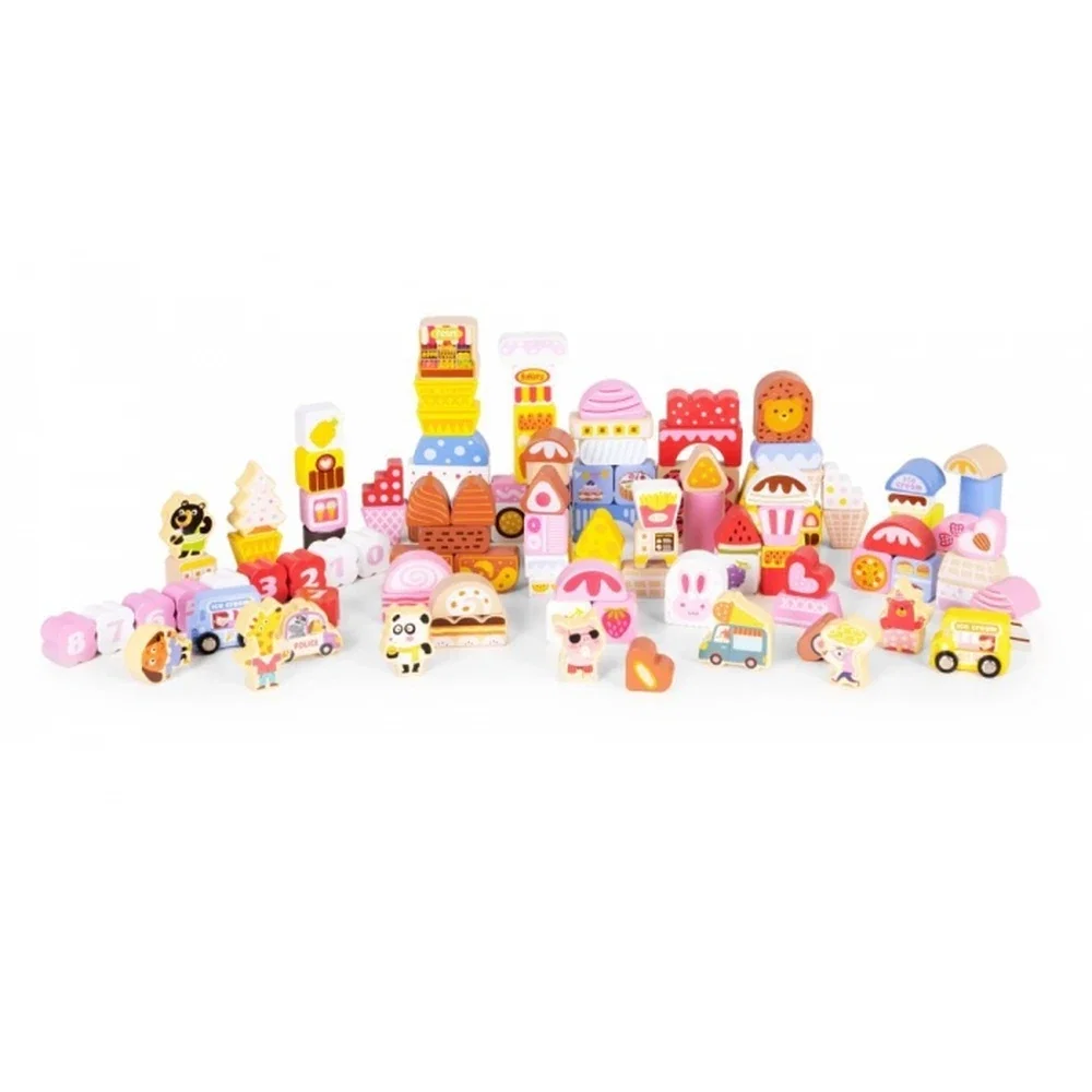 Constructii, cuburi, forme si culori - Set educational cu blocuri din lemn, 116 piese, Candy City Ecotoys 3 ani+