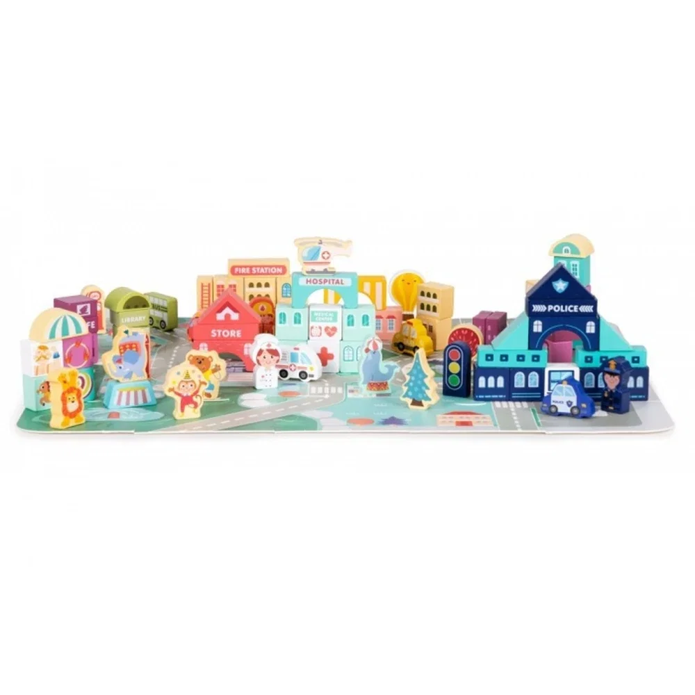 Constructii, cuburi, forme si culori - Set educational cu blocuri din lemn si covoras, 121 piese, City Ecotoys 3 ani+