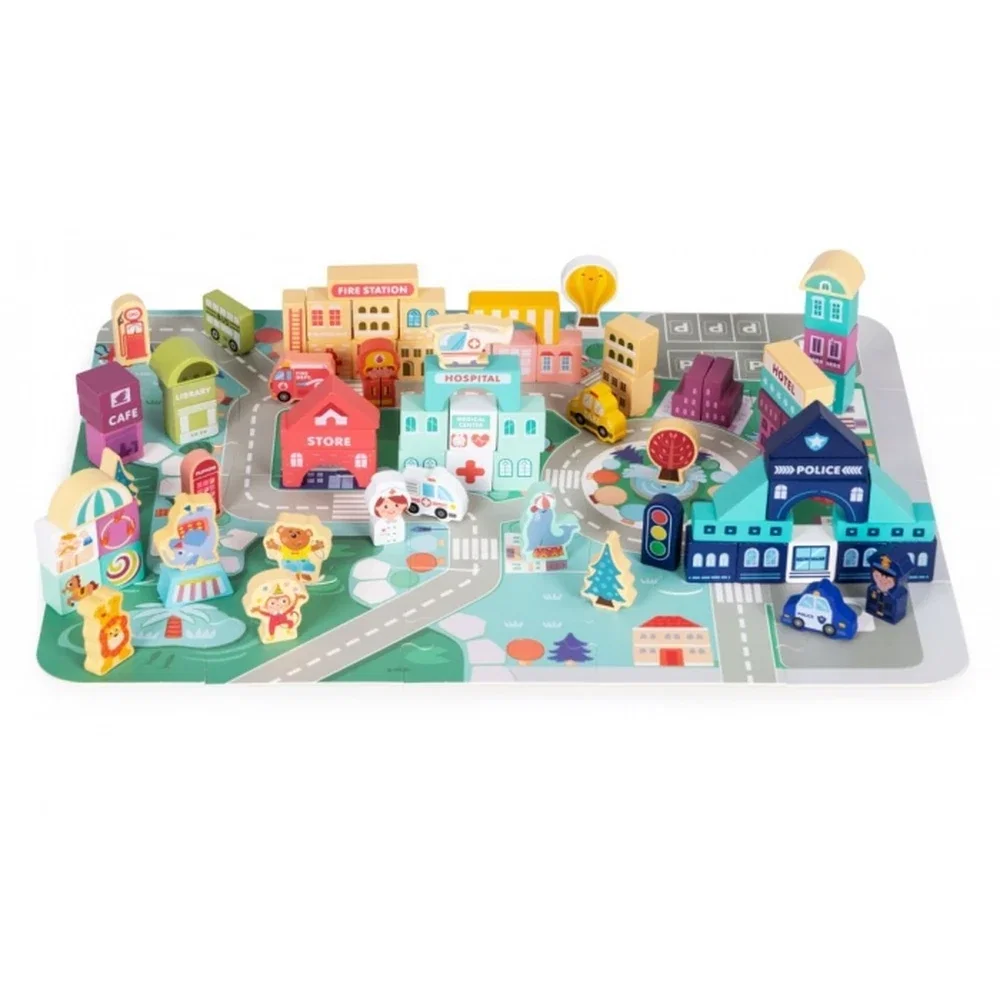 Set educational cu blocuri din lemn si covoras, 121 piese, City Ecotoys 3 ani+ [1]