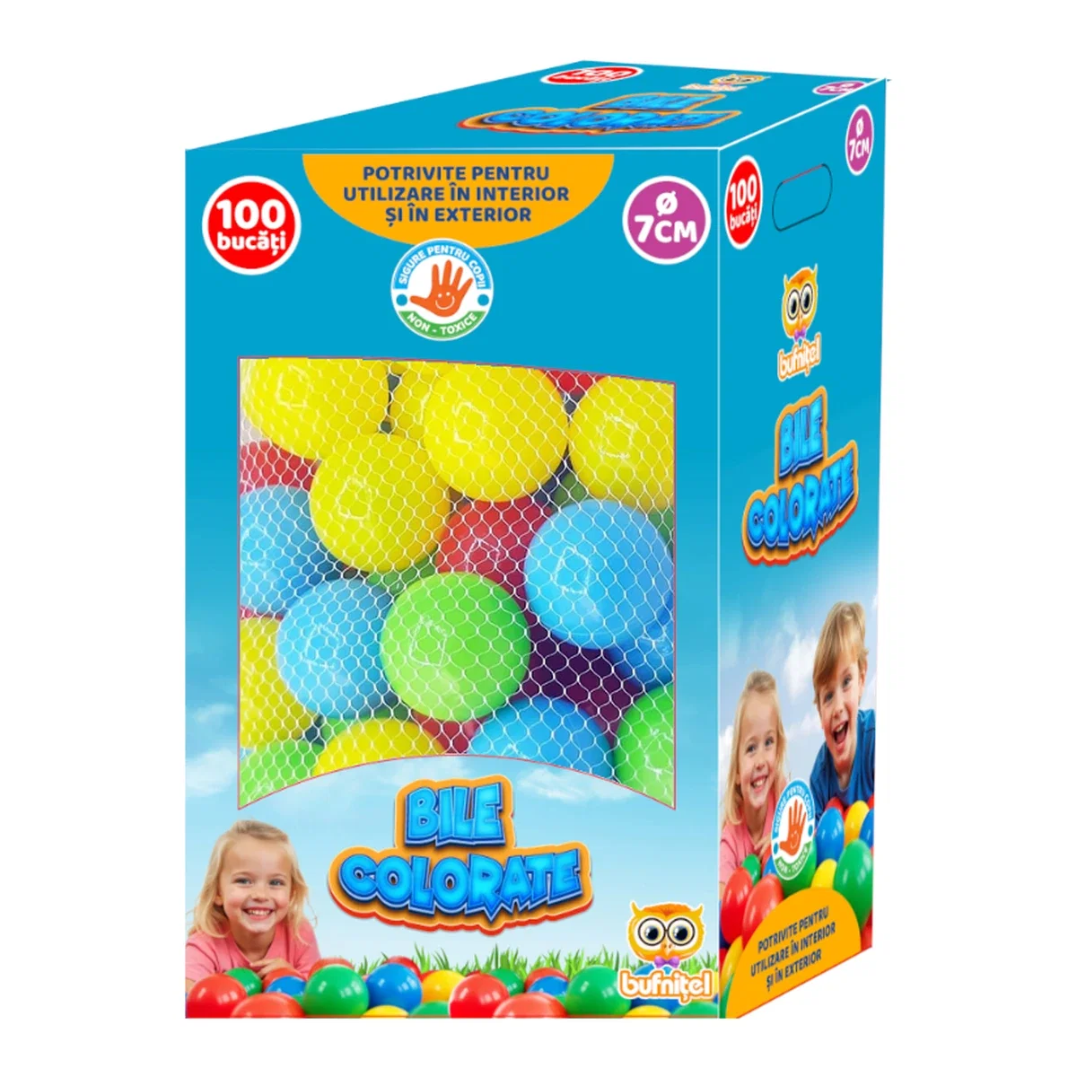 Piscine cu bile - Set educativ 100 bile colorate (cutie) - 7 cm Bufnitel 12 luni+
