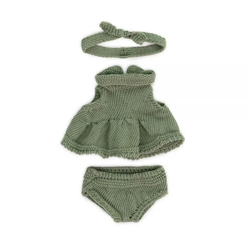 Hainute si accesorii pentru papusi - Set imbracaminte cu rochita pentru papusa fetita 21 cm Miniland 10 luni+