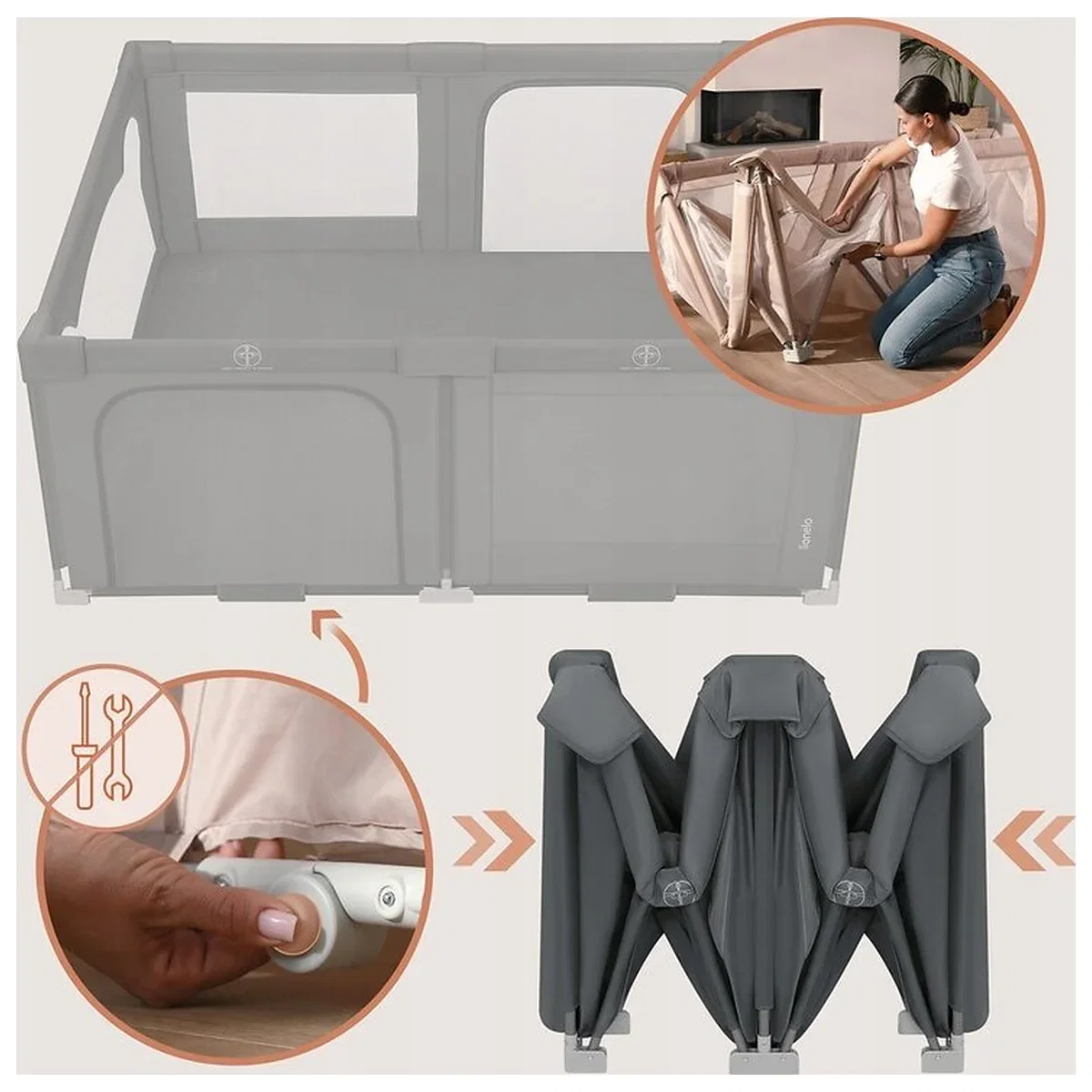 Tarc de joaca copii, Lionelo, Florence Easy Fold, 150 x 180 x 75 cm, Pliere, depliere automata, Include geanta de transport, Din plasa, Cu doua intrari laterale, 0-48 luni, [5]