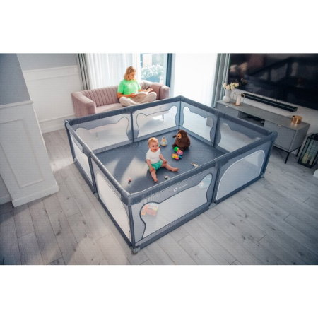 Tarc de joaca copii, Lionelo, Willow, 127x187 cm, Pliere compacta, Include geanta de transport, Din plasa, Cu doua intrari laterale si fermoar, Cu ventuze pentru stabilitate, Gri [31]