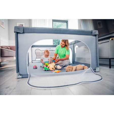 Tarc de joaca copii, Lionelo, Willow, 127x187 cm, Pliere compacta, Include geanta de transport, Din plasa, Cu doua intrari laterale si fermoar, Cu ventuze pentru stabilitate, Gri [27]
