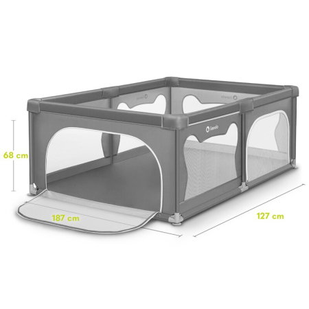 Tarc de joaca copii, Lionelo, Willow, 127x187 cm, Pliere compacta, Include geanta de transport, Din plasa, Cu doua intrari laterale si fermoar, Cu ventuze pentru stabilitate, Gri [21]