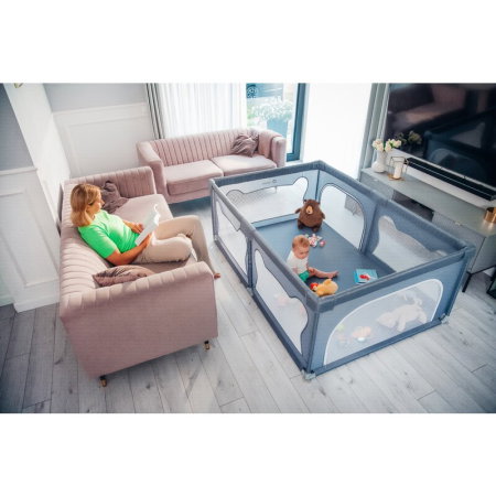 Tarc de joaca copii, Lionelo, Willow, 127x187 cm, Pliere compacta, Include geanta de transport, Din plasa, Cu doua intrari laterale si fermoar, Cu ventuze pentru stabilitate, Gri [26]