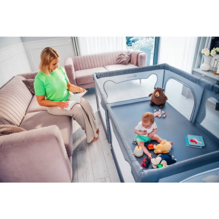 Tarc de joaca copii, Lionelo, Willow, 127x187 cm, Pliere compacta, Include geanta de transport, Din plasa, Cu doua intrari laterale si fermoar, Cu ventuze pentru stabilitate, Gri [25]
