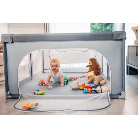 Tarc de joaca copii, Lionelo, Willow, 127x187 cm, Pliere compacta, Include geanta de transport, Din plasa, Cu doua intrari laterale si fermoar, Cu ventuze pentru stabilitate, Gri [29]