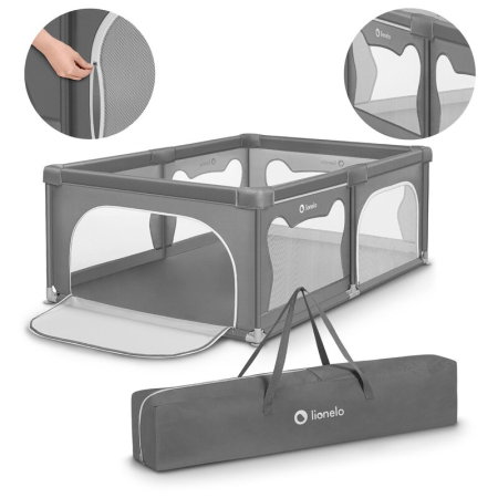 Tarc de joaca copii, Lionelo, Willow, 127x187 cm, Pliere compacta, Include geanta de transport, Din plasa, Cu doua intrari laterale si fermoar, Cu ventuze pentru stabilitate, Gri [14]